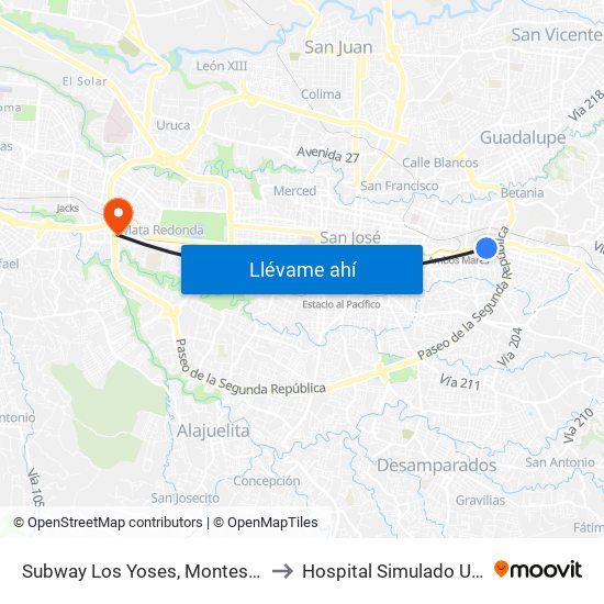 Subway Los Yoses, Montes De Oca to Hospital Simulado Ucimed map