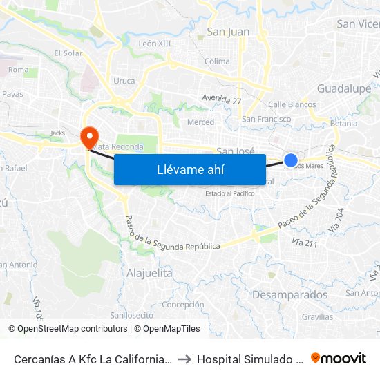 Cercanías A Kfc La California, San José to Hospital Simulado Ucimed map