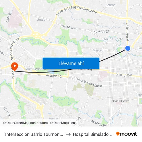 Intersección Barrio Tournon, San José to Hospital Simulado Ucimed map