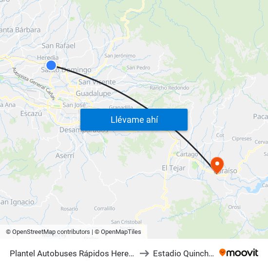 Plantel Autobuses Rápidos Heredianos, Pirro Heredia to Estadio Quincho Barquero map
