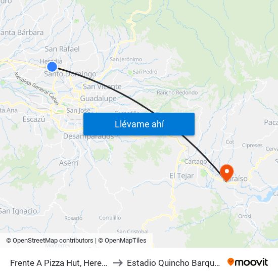 Frente A Pizza Hut, Heredia to Estadio Quincho Barquero map