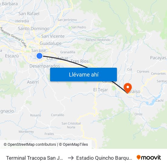 Terminal Tracopa San José to Estadio Quincho Barquero map