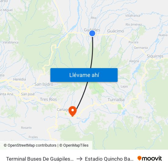 Terminal Buses De Guápiles, Pococí to Estadio Quincho Barquero map