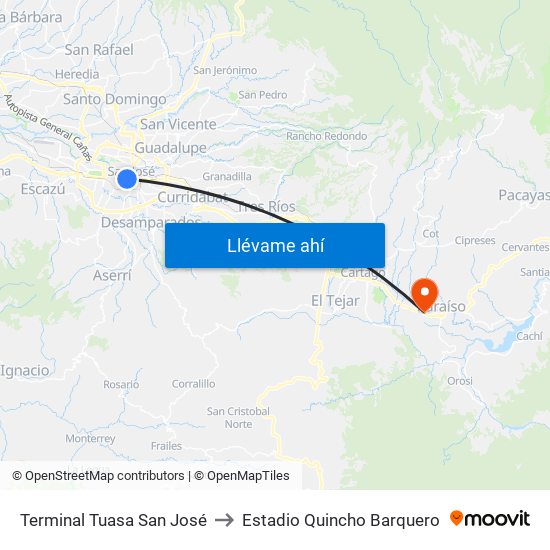 Terminal Tuasa San José to Estadio Quincho Barquero map