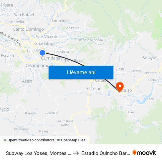 Subway Los Yoses, Montes De Oca to Estadio Quincho Barquero map