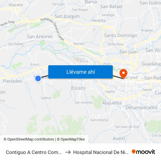 Contiguo A Centro Comercial Santa Ana Town Center to Hospital Nacional De Niños Dr. Carlos Sáenz Herrera map