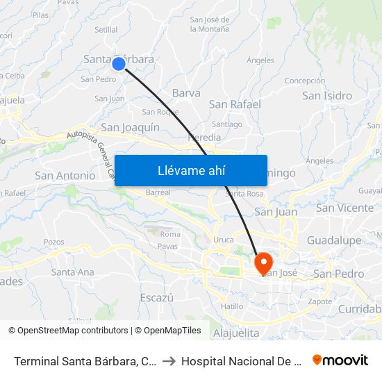 Terminal Santa Bárbara, Costado Sur Parque Santa Bárbara to Hospital Nacional De Niños Dr. Carlos Sáenz Herrera map