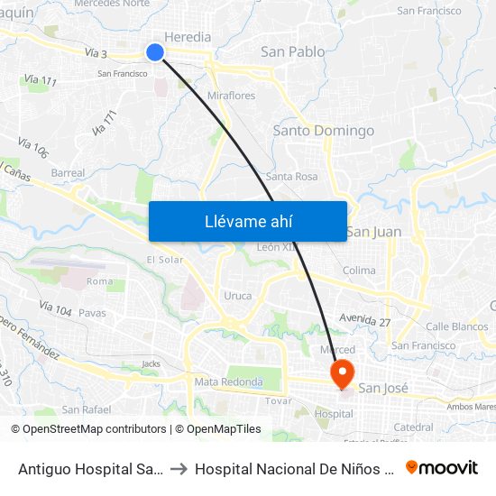 Antiguo Hospital San Vicente De Paul to Hospital Nacional De Niños Dr. Carlos Sáenz Herrera map