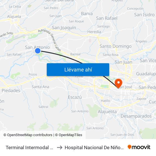 Terminal Intermodal San Antonio De Belén to Hospital Nacional De Niños Dr. Carlos Sáenz Herrera map