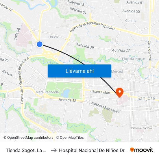 Tienda Sagot, La Uruca San José to Hospital Nacional De Niños Dr. Carlos Sáenz Herrera map