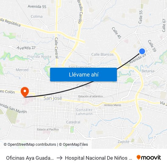 Oficinas Aya Guadalupe, Goicoechea to Hospital Nacional De Niños Dr. Carlos Sáenz Herrera map