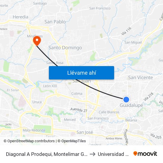 Diagonal A Prodequi, Montelimar Goicoechea to Universidad Latina map