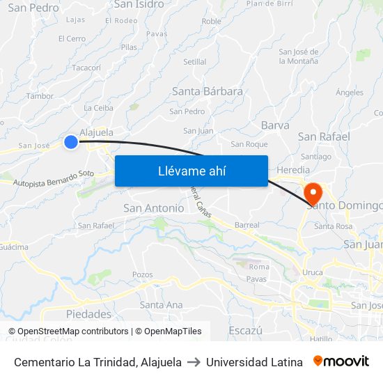 Cementario La Trinidad, Alajuela to Universidad Latina map