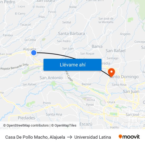 Casa De Pollo Macho, Alajuela to Universidad Latina map