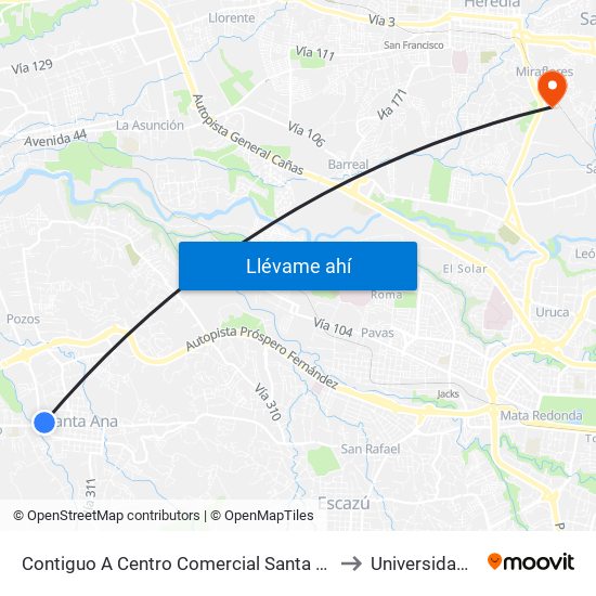 Contiguo A Centro Comercial Santa Ana Town Center to Universidad Latina map