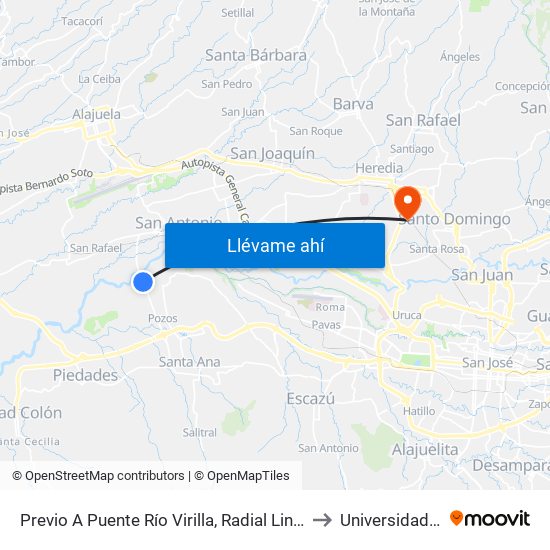 Previo A Puente Río Virilla, Radial Lindora Santa Ana to Universidad Latina map