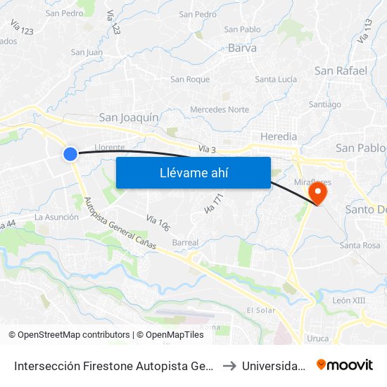 Intersección Firestone Autopista General Cañas, Belén to Universidad Latina map