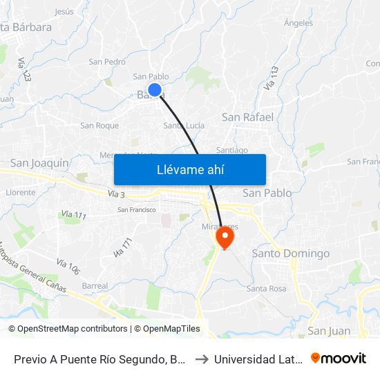 Previo A Puente Río Segundo, Barva to Universidad Latina map