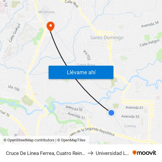 Cruce De Línea Ferrea, Cuatro Reinas Tibás to Universidad Latina map