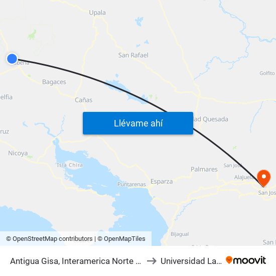 Antigua Gisa, Interamerica Norte Liberia to Universidad Latina map