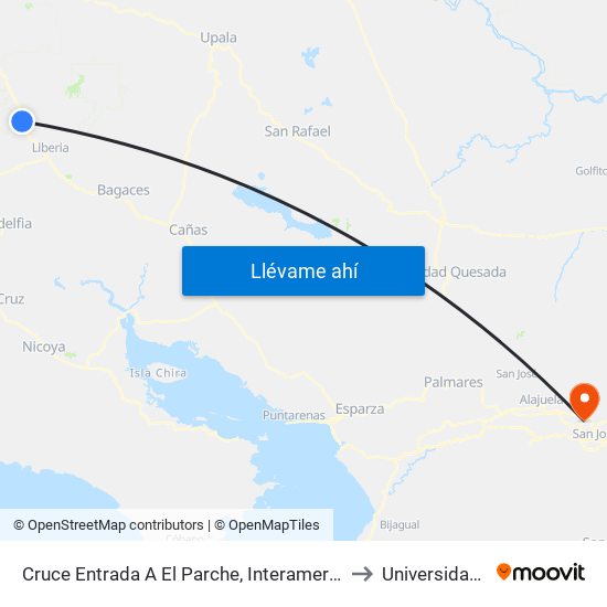 Cruce Entrada A El Parche, Interamericana Norte Liberia to Universidad Latina map