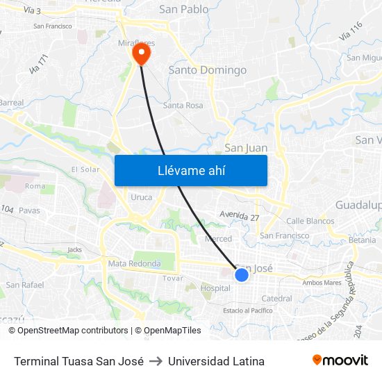 Terminal Tuasa San José to Universidad Latina map