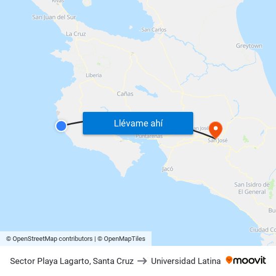 Sector Playa Lagarto, Santa Cruz to Universidad Latina map