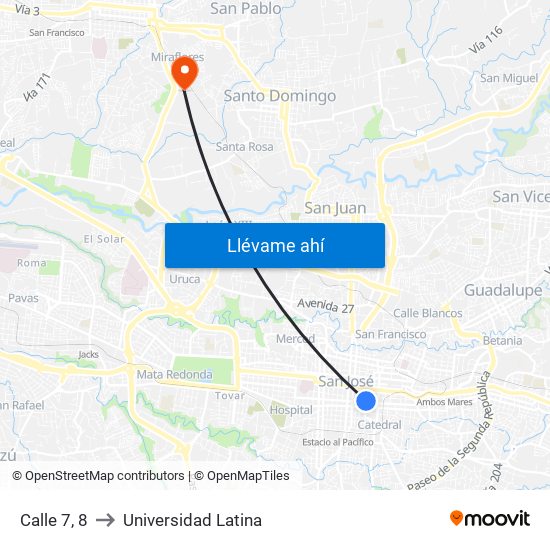 Calle 7, 8 to Universidad Latina map