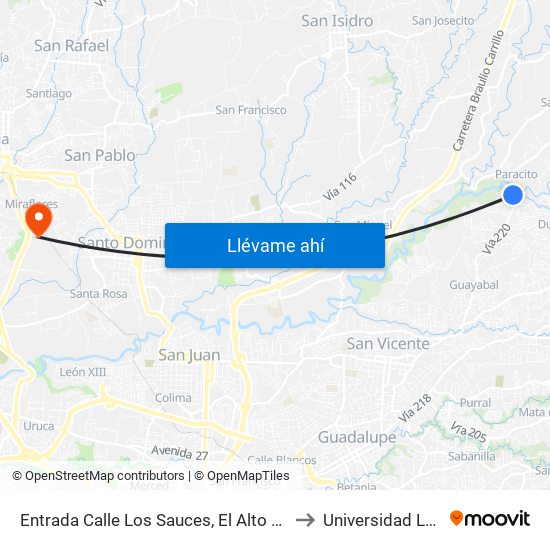 Entrada Calle Los Sauces, El Alto Trinidad to Universidad Latina map