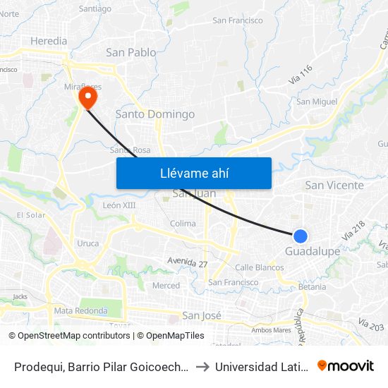 Prodequi, Barrio Pilar Goicoechea to Universidad Latina map