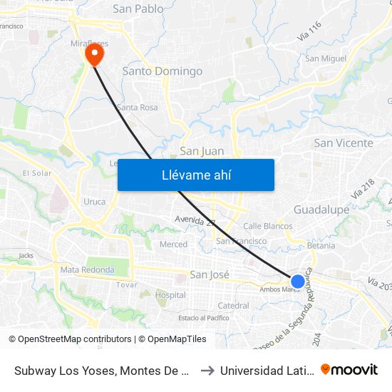 Subway Los Yoses, Montes De Oca to Universidad Latina map