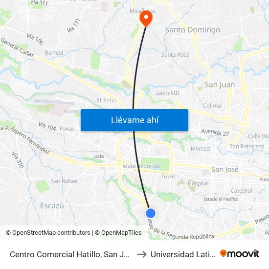 Centro Comercial Hatillo, San José to Universidad Latina map