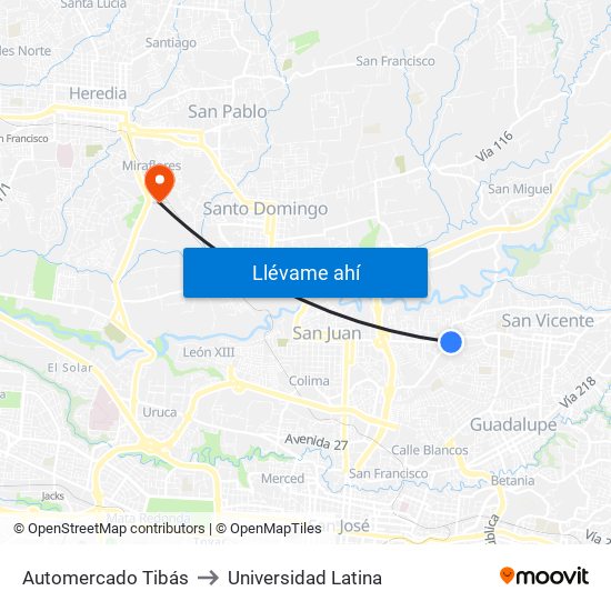 Automercado Tibás to Universidad Latina map