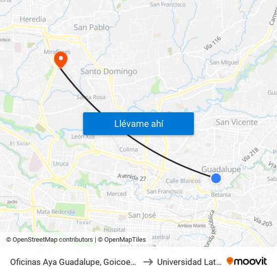 Oficinas Aya Guadalupe, Goicoechea to Universidad Latina map