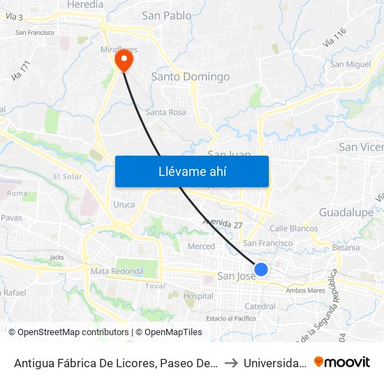 Antigua Fábrica De Licores, Paseo De Las Damas San José to Universidad Latina map