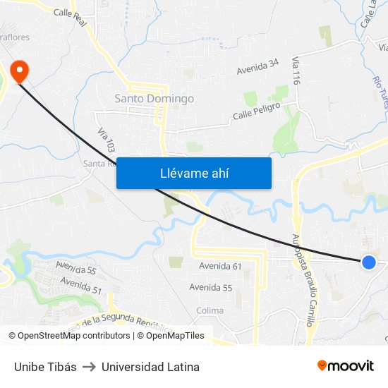 Unibe Tibás to Universidad Latina map