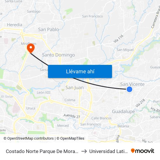 Costado Norte Parque De Moravia to Universidad Latina map