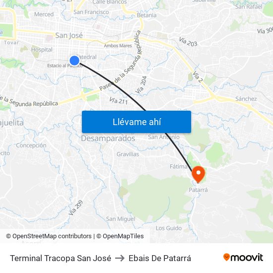 Terminal Tracopa San José to Ebais De Patarrá map