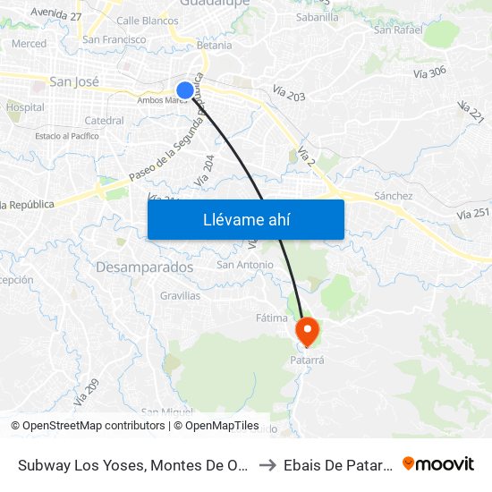 Subway Los Yoses, Montes De Oca to Ebais De Patarrá map