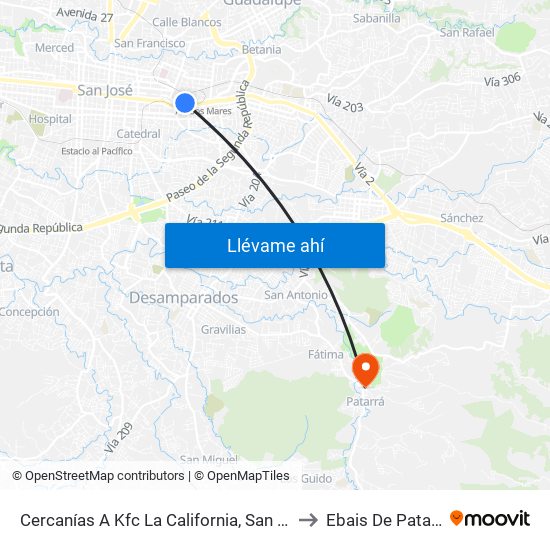 Cercanías A Kfc La California, San José to Ebais De Patarrá map