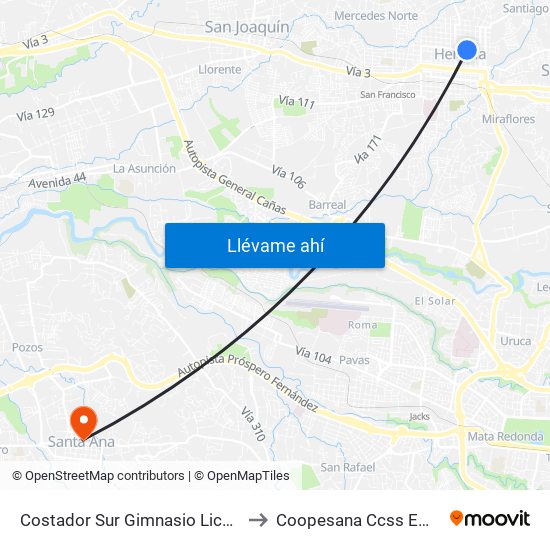 Costador Sur Gimnasio Liceo De Heredia to Coopesana Ccss Emergencias map