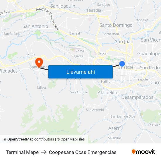 Terminal Mepe to Coopesana Ccss Emergencias map