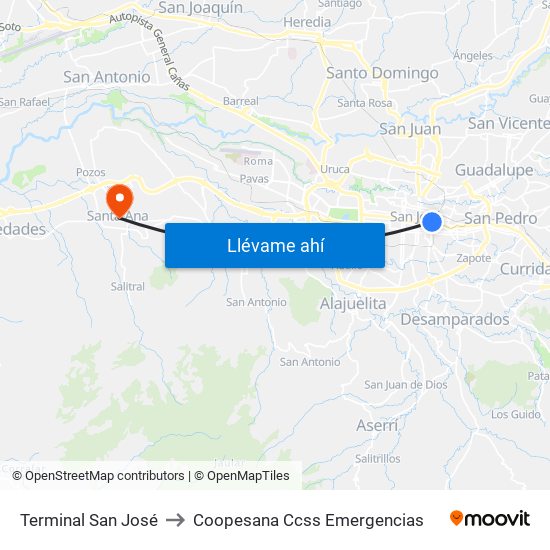 Terminal San José to Coopesana Ccss Emergencias map