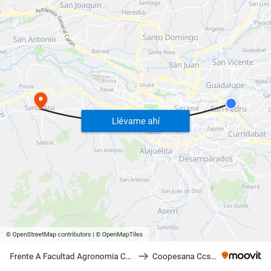 Frente A Facultad Agronomía Campus Ucr, Montes De Oca to Coopesana Ccss Emergencias map