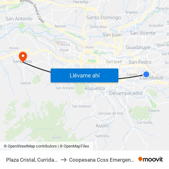 Plaza Cristal, Curridabat to Coopesana Ccss Emergencias map