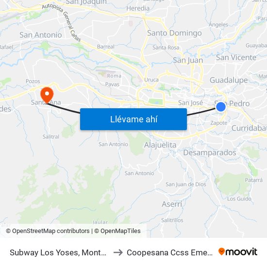 Subway Los Yoses, Montes De Oca to Coopesana Ccss Emergencias map