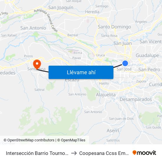 Intersección Barrio Tournon, San José to Coopesana Ccss Emergencias map