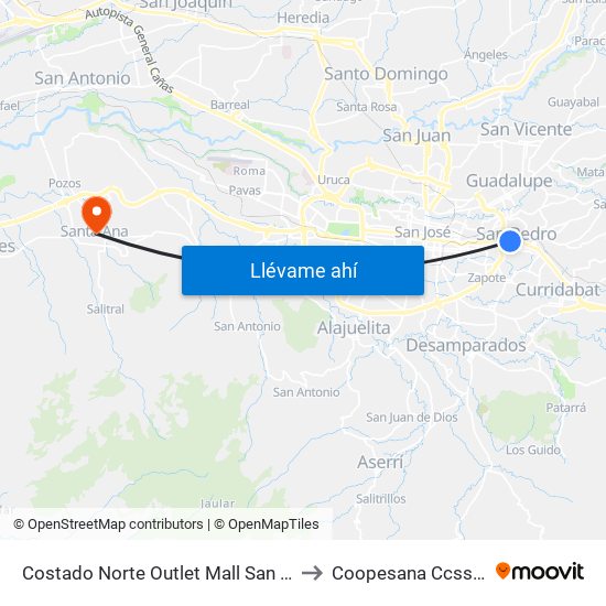 Costado Norte Outlet Mall San Pedro, Montes De Oca to Coopesana Ccss Emergencias map