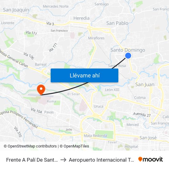 Frente A Palí De Santo Domingo to Aeropuerto Internacional Tobías Bolaños map