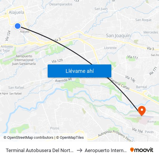 Terminal Autobusera Del Norte, Radial Francisco J. Orlich Alajuela to Aeropuerto Internacional Tobías Bolaños map